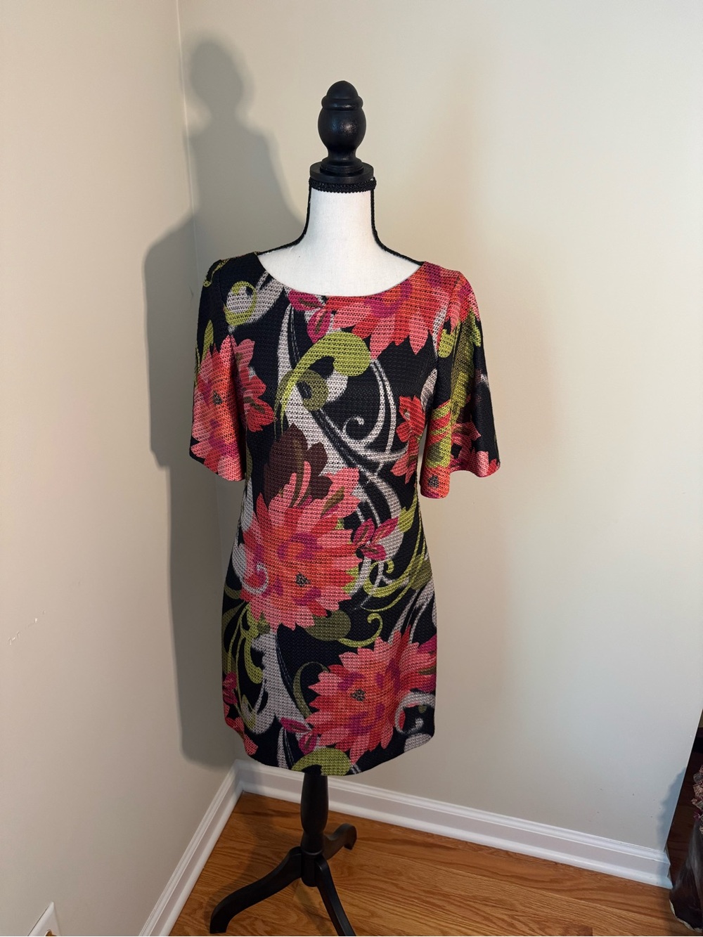 Trina Turk Black Shift Dress with Pink/Black Floral Print and Green Accents